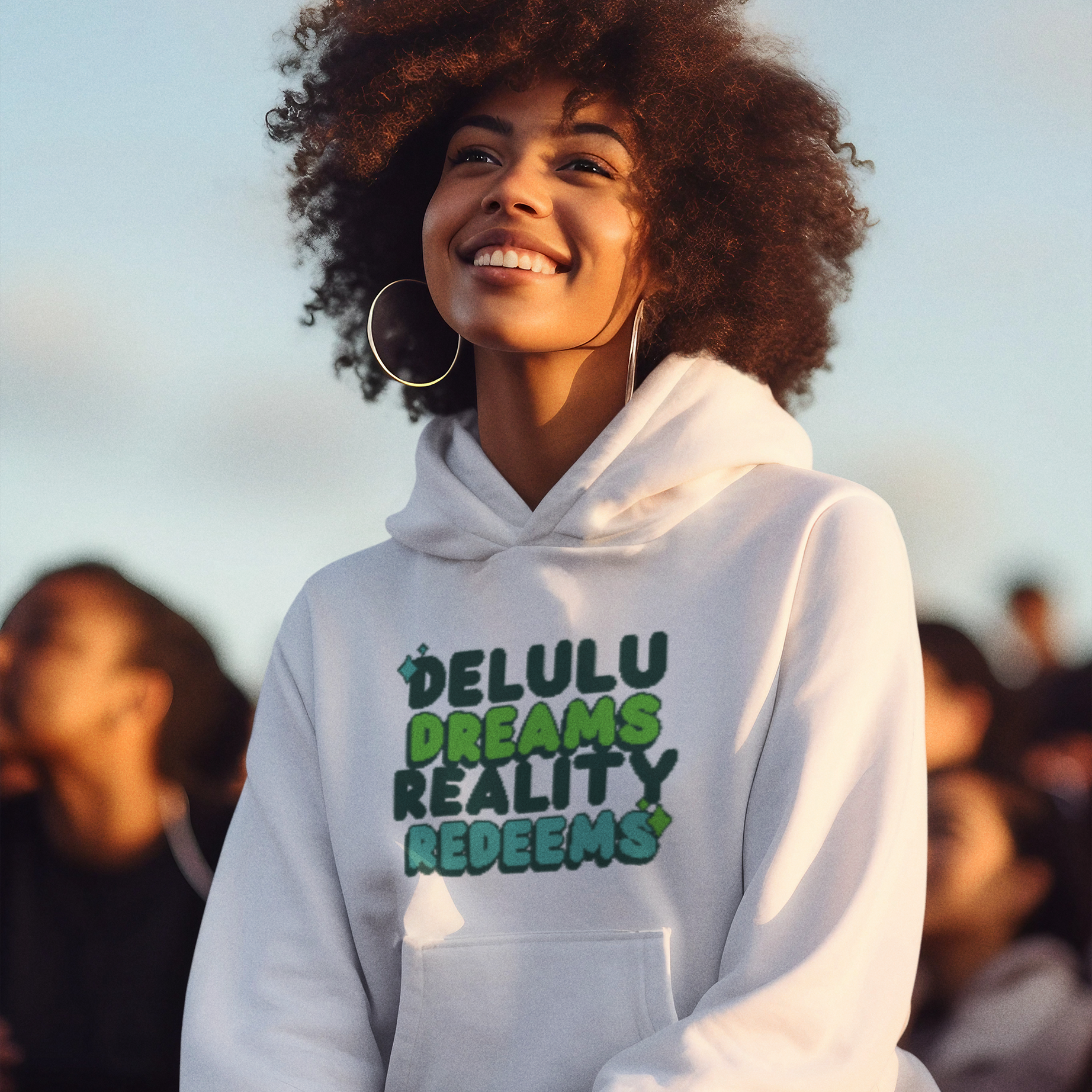 “Delulu Dreams Reality Redeems” Unisex Pullover Hoodie (White)