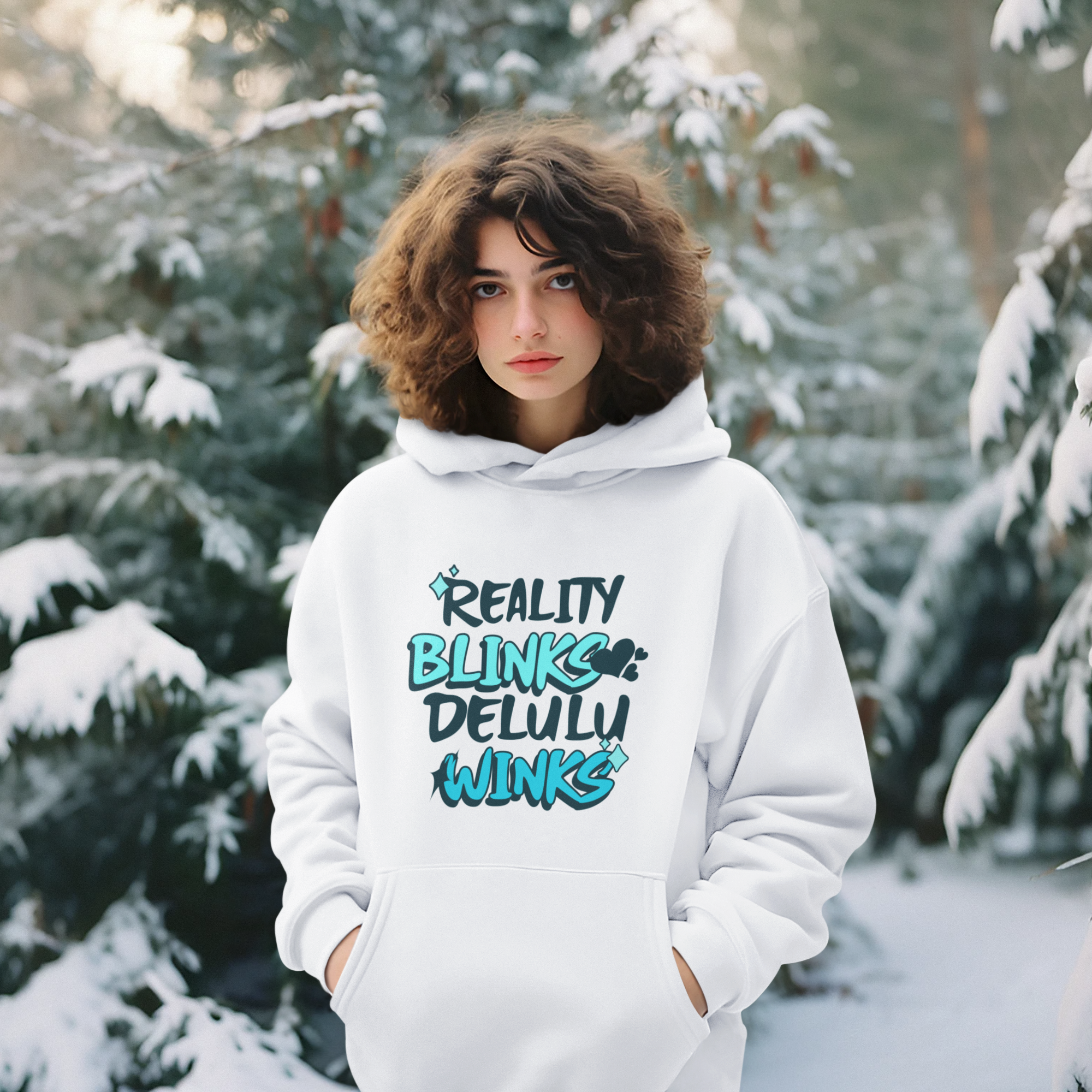 “Reality Blinks Delulu Winks” Women Pullover Hoodie (White)