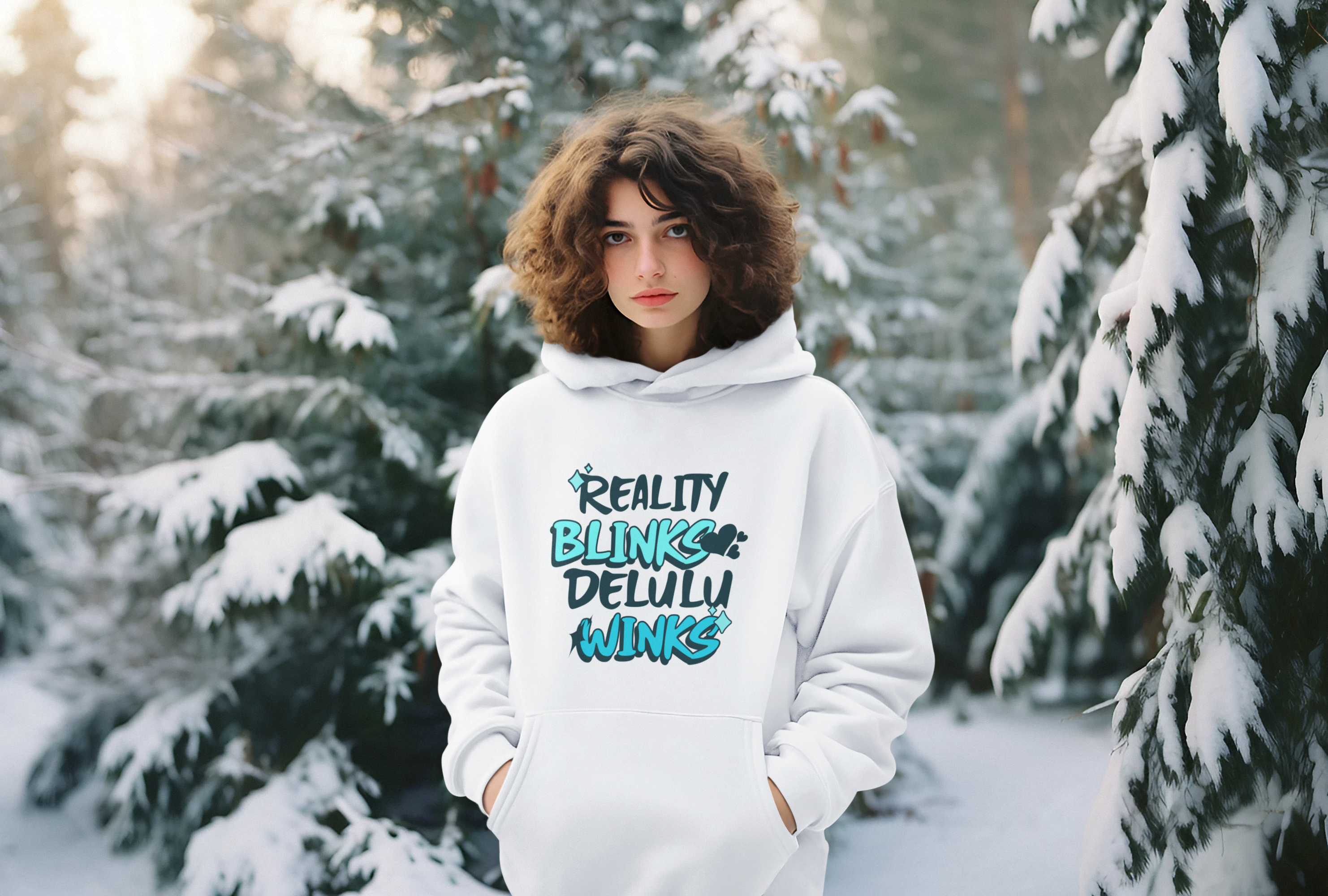 “Reality Blinks Delulu Winks” Women Pullover Hoodie (White)