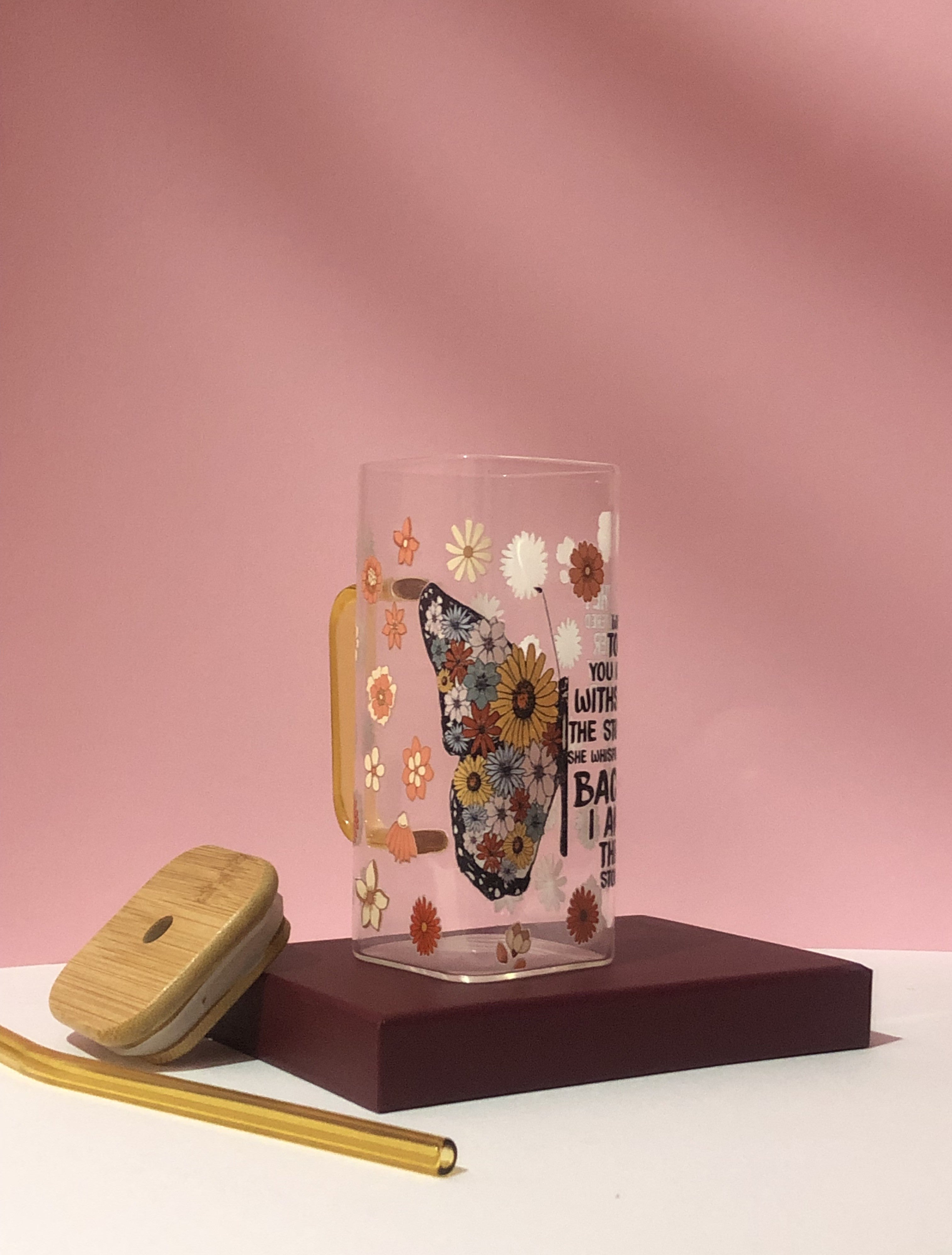 Butterfly Quote 16oz Glass Cup: Bamboo Lid and glass straw included