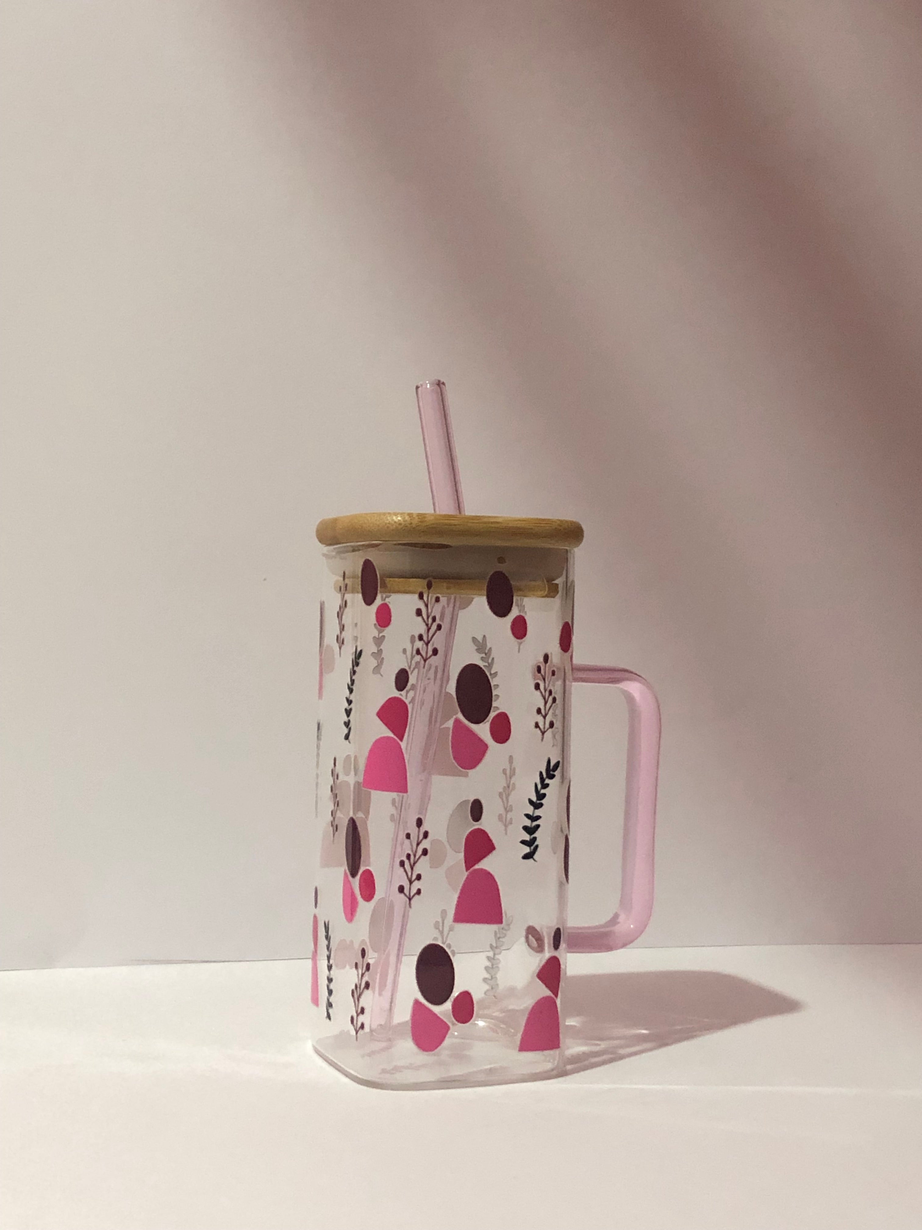 Pink Shapes 16oz Glass Cup: Bamboo Lid and glass straw included - Pink Straw/Grip