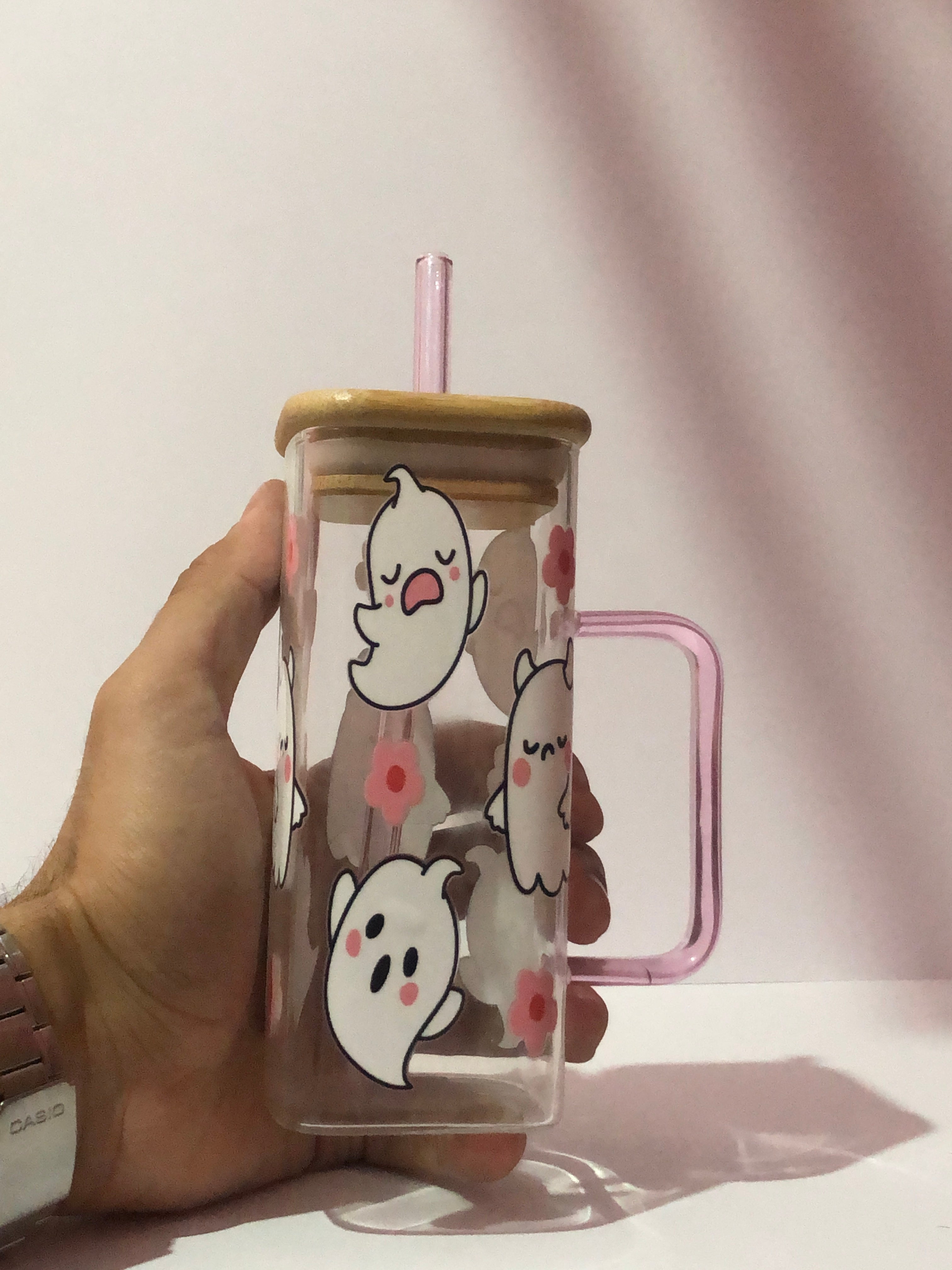 Cute Boo Ghost 16oz Glass Cup: Bamboo Lid and glass straw included - Pink Straw/Grip