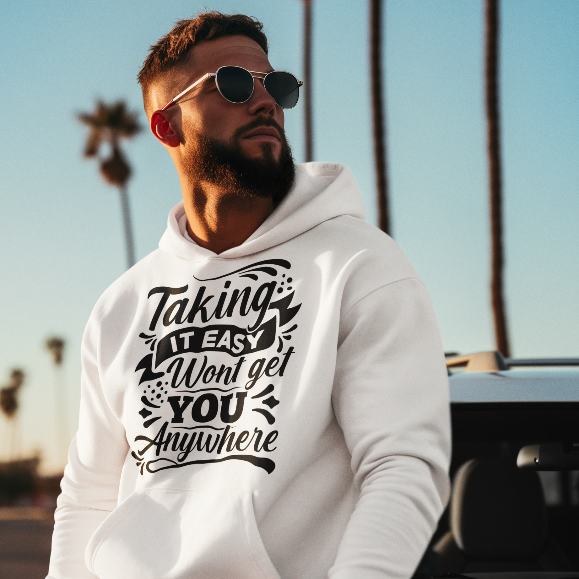 “Taking it easy won’t get you anywhere” Unisex Pullover Hoodie (White)