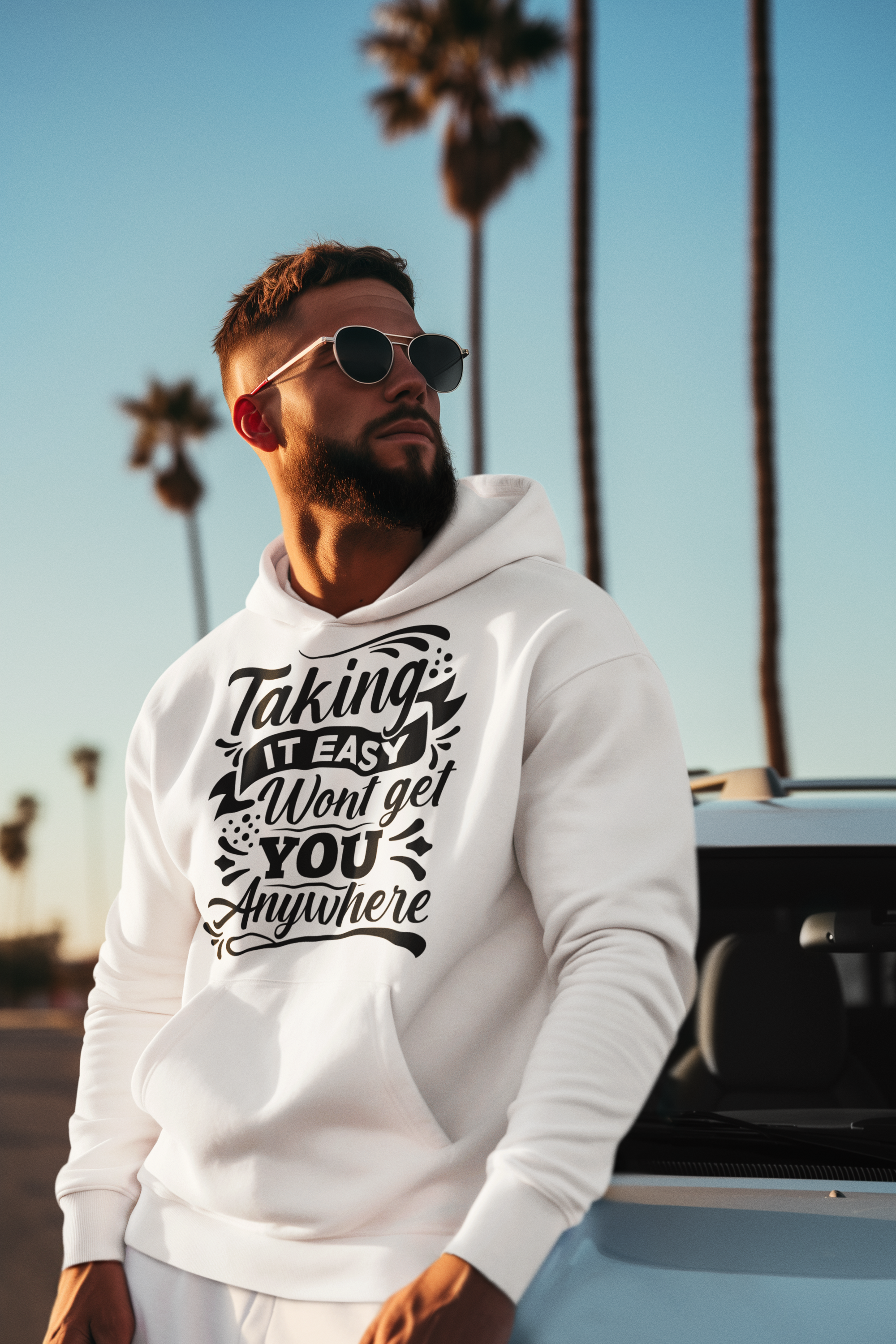 “Taking it easy won’t get you anywhere” Unisex Pullover Hoodie (White)