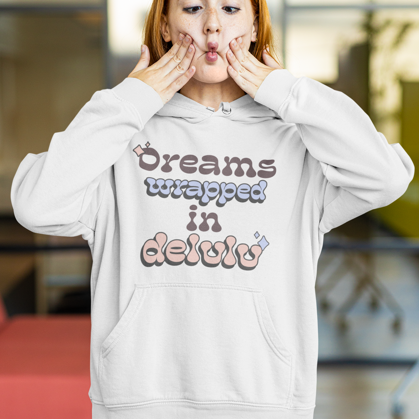 “Dreams wrapped in delulu” Women Pullover Hoodie (Black/White)