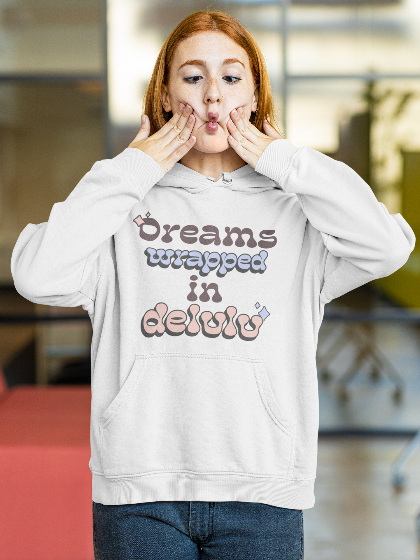 “Dreams wrapped in delulu” Women Pullover Hoodie (Black/White)