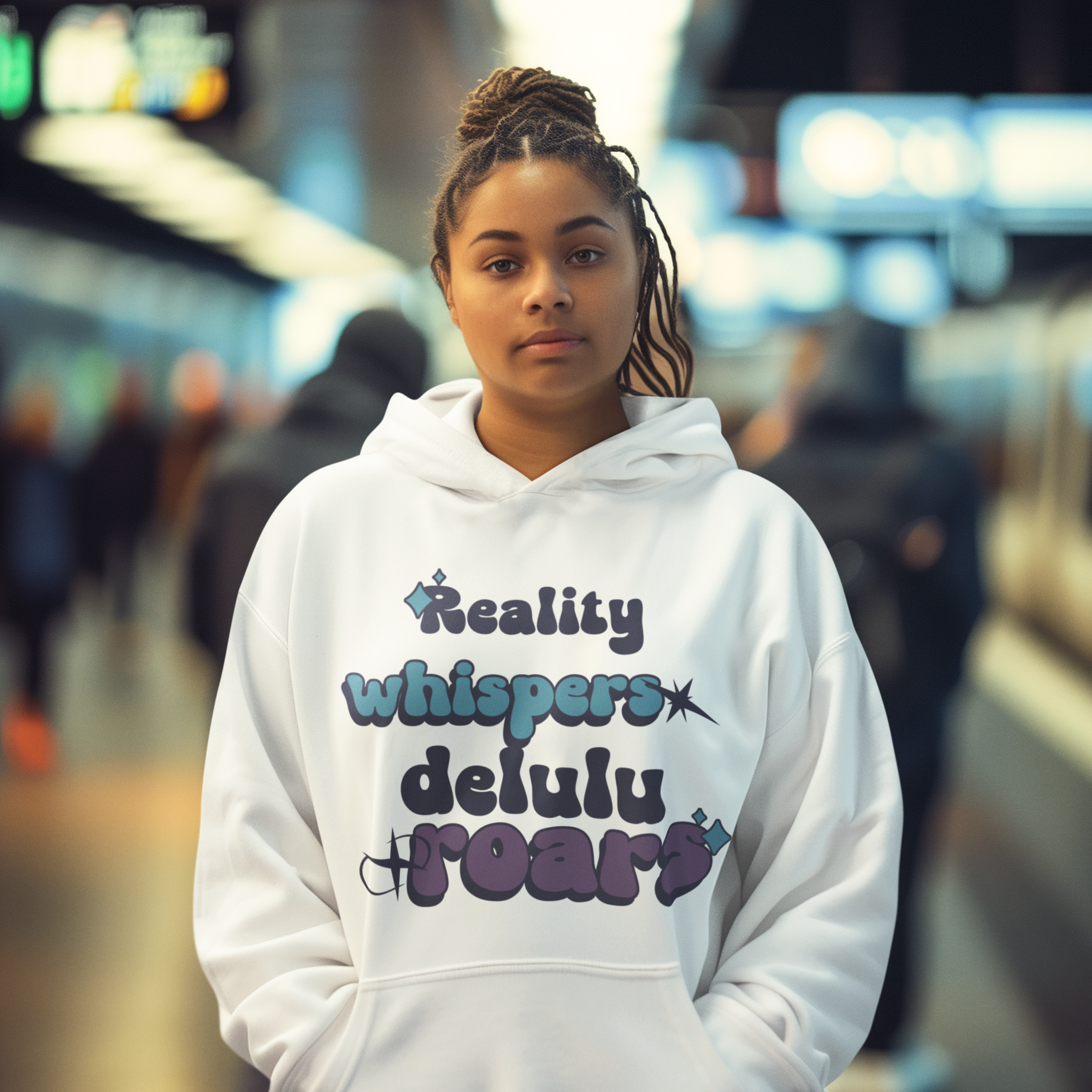 “Reality Whispers Delulu Roars” Unisex Pullover Hoodie (White)